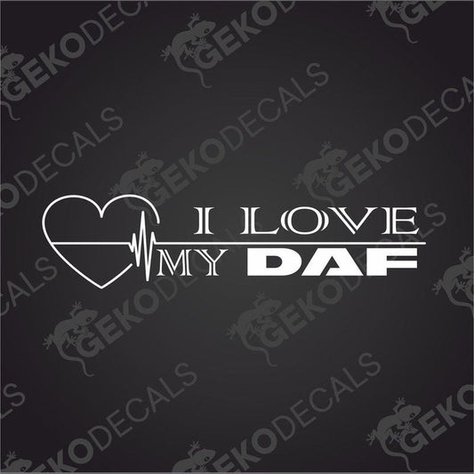 A black and white image of a decal with the text 'I LOVE MY DAF' and a heart shape with a line inside it, resembling a heartbeat monitor.