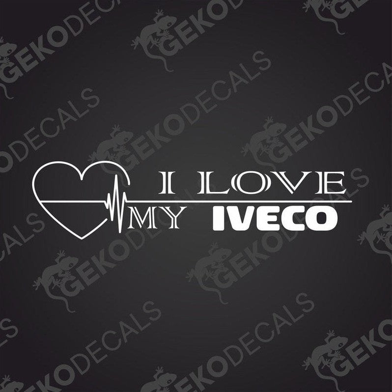 A decal with the text 'I LOVE MY IVECO' designed with a heart shape and a line that could represent a heartbeat monitor.