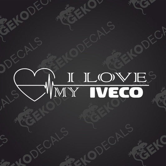 A decal with the text 'I LOVE MY IVECO' designed with a heart shape and a line that could represent a heartbeat monitor.