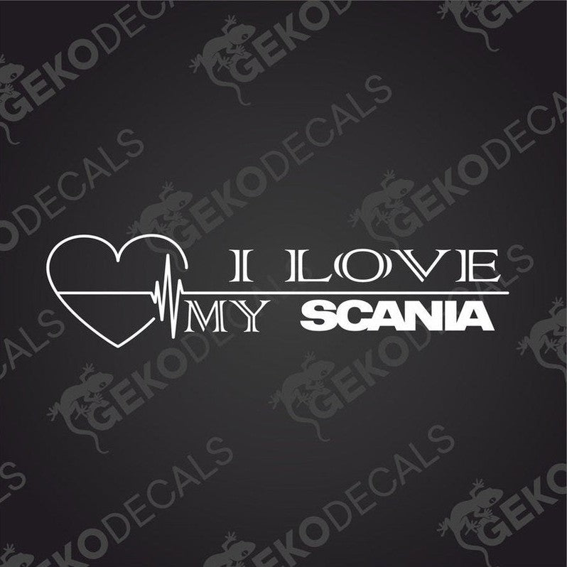 A black die cut sticker with the text 'I LOVE MY SCANIA' and a heartbeat line graphic.