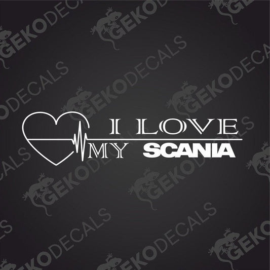 A black die cut sticker with the text 'I LOVE MY SCANIA' and a heartbeat line graphic.