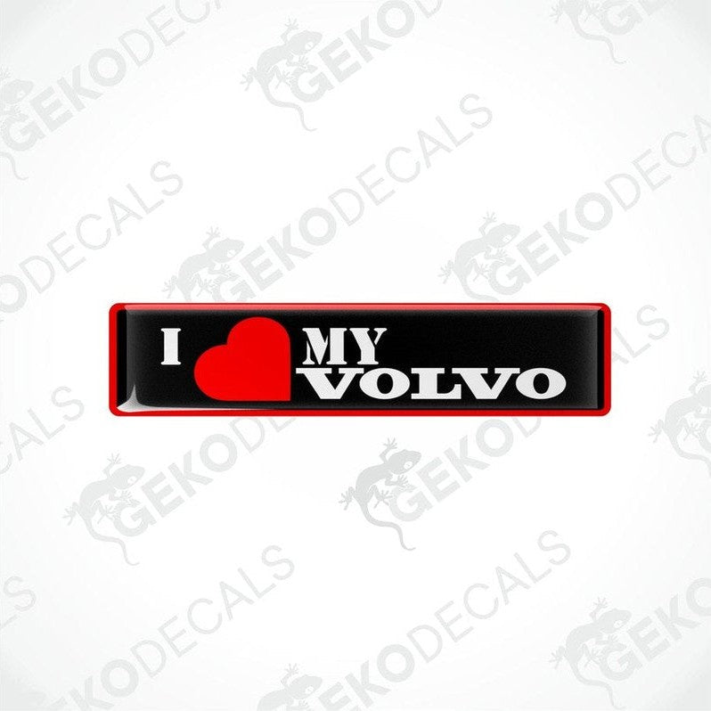 Two red, black, and white vinyl decals with the text 'I heart MY VOLVO' on them, displayed on a white background.