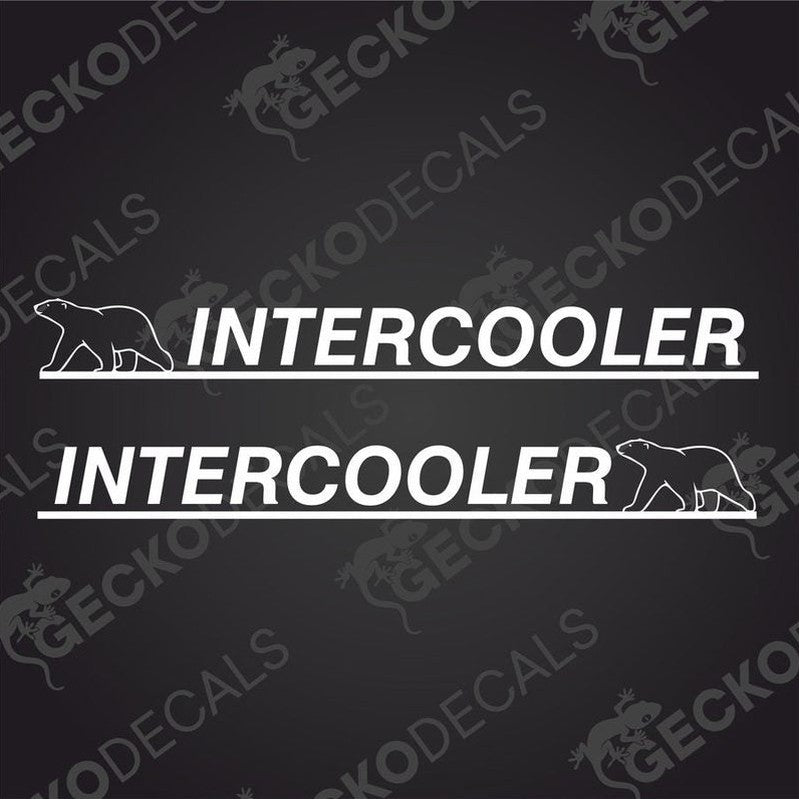 Two white stickers with the word 'INTERCOOLER' written on them, each with a silhouette of a bear in black. One sticker has a bear facing left and the other has a bear facing right.