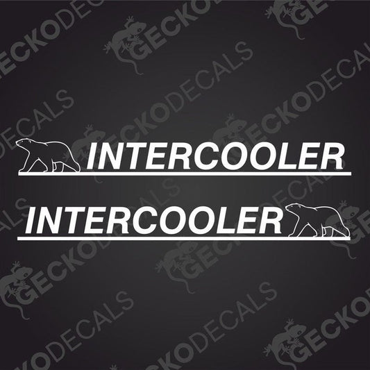 Two white stickers with the word 'INTERCOOLER' written on them, each with a silhouette of a bear in black. One sticker has a bear facing left and the other has a bear facing right.