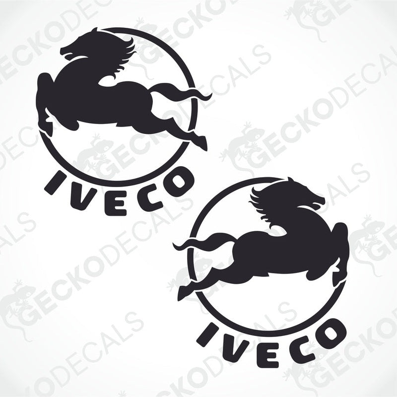 Two black decals of a stylized horse and the brand name IVECO.