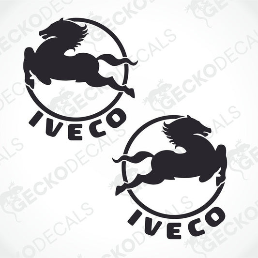 Two black decals of a stylized horse and the brand name IVECO.