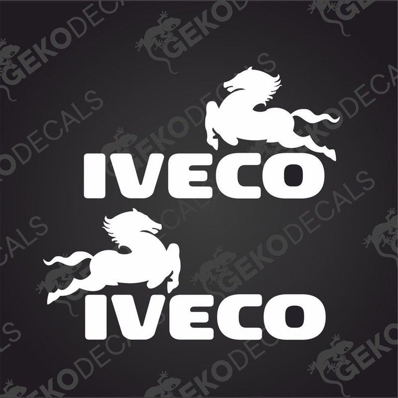 Two white stickers with the IVECO logo, one with a winged horse emblem and the brand name in uppercase letters, the other with only the brand name.