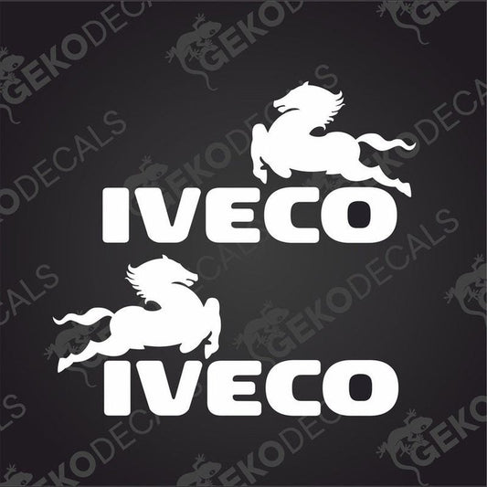 Two white stickers with the IVECO logo, one with a winged horse emblem and the brand name in uppercase letters, the other with only the brand name.