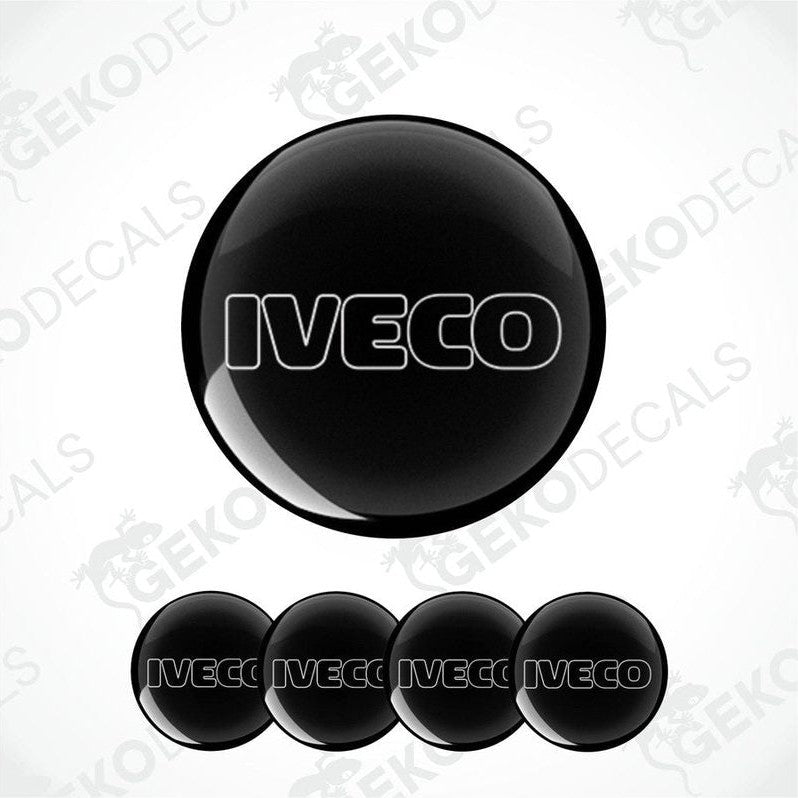 A set of four black vinyl decals with the white IVECO logo, displayed on a white background.