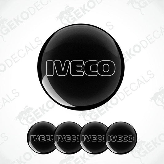 A set of four black vinyl decals with the white IVECO logo, displayed on a white background.
