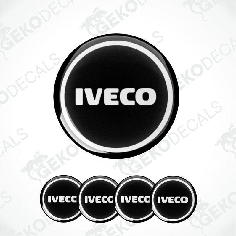 A set of four black vinyl decals with the white IVECO logo on them.