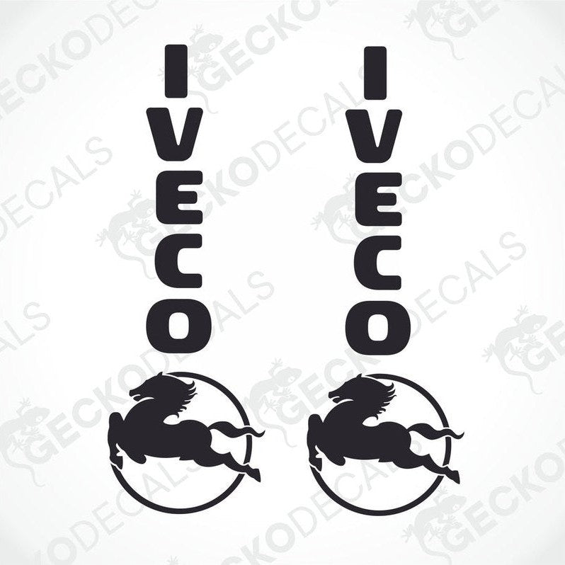 Two black decals with the word 'IVECO' and a graphic of a horse and rider, delivered on a white background with the GeckoDecals logo.