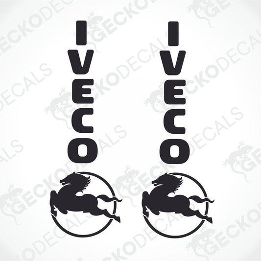 Two black decals with the word 'IVECO' and a graphic of a horse and rider, delivered on a white background with the GeckoDecals logo.