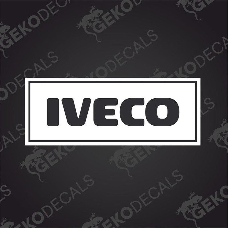 A die cut decal with the brand name IVECO printed in black and white.
