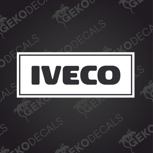 A die cut decal with the brand name IVECO printed in black and white.