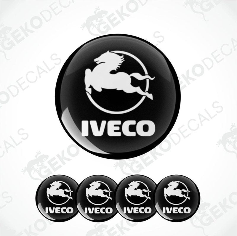 A set of black and white vinyl decals with the IVECO logo, including one large decal and four smaller ones.