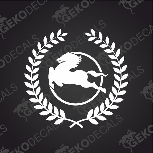 A white decal of a IVECO horse within a laurel wreath, designed for use on vehicles or equipment.