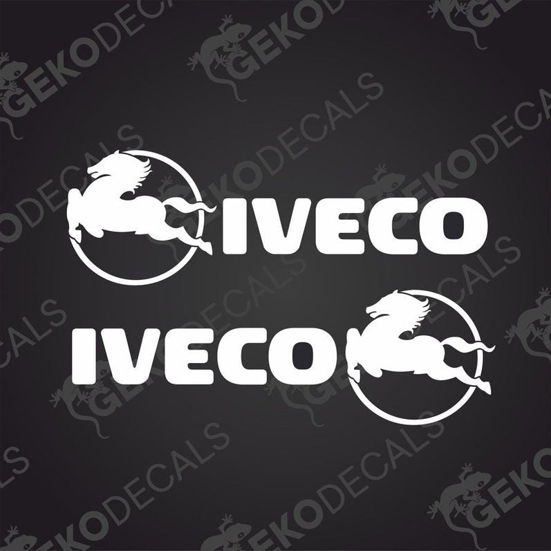 Two white decals with the IVECO logo, one for the right side and one for the left, designed for use on vehicles.