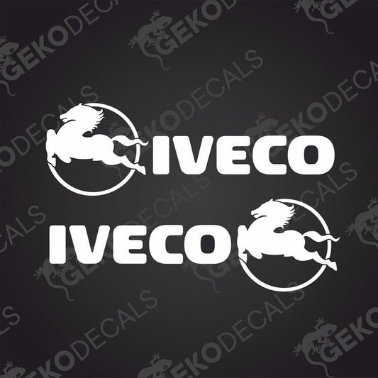 Two white decals with the IVECO logo, one for the right side and one for the left, designed for use on vehicles.