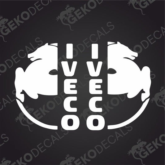 A white decal with the IVECO brand logo, designed for use on vehicles either as a right or left decal.