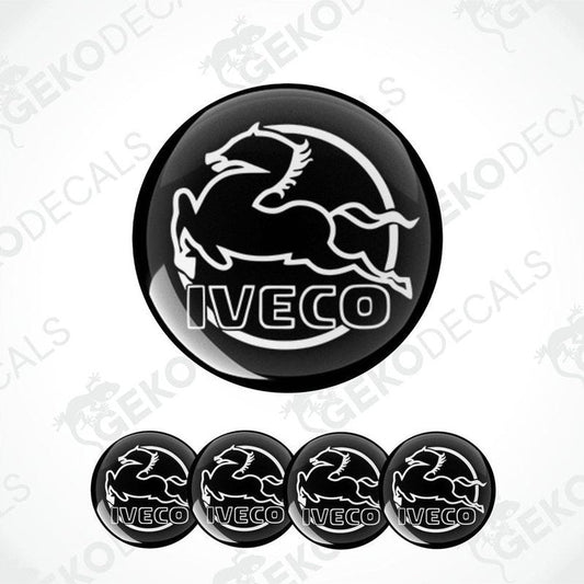 A set of black and white vinyl decals with the IVECO logo, including one large decal and four smaller ones.