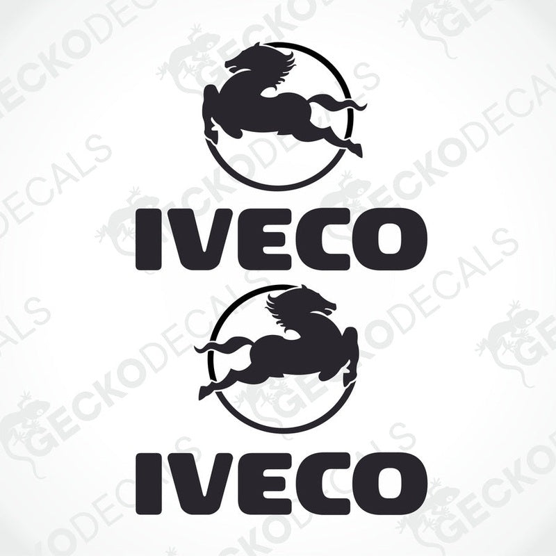 Two black decals with the word 'IVECO' and an illustration of a horse and rider, indicating a logo for a truck.