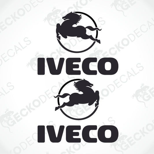 Two black decals with the word 'IVECO' and an illustration of a horse and rider, indicating a logo for a truck.
