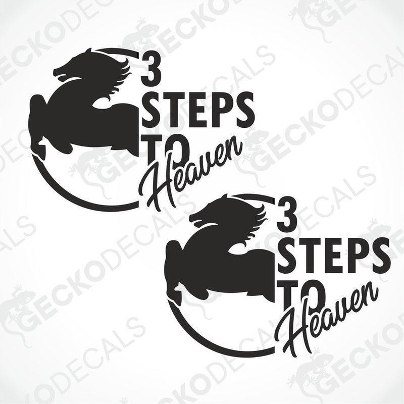 Two black die cut decals with the phrase '3 Steps to Heaven' and an angel illustration on each.
