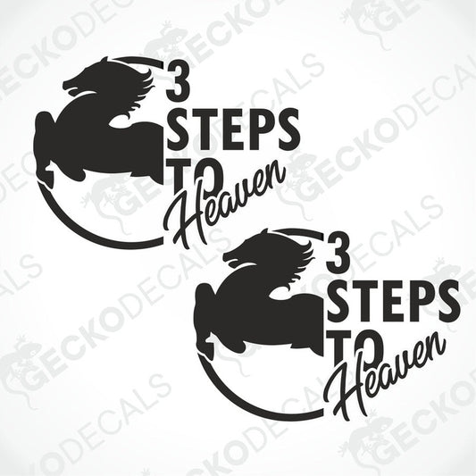 Two black die cut decals with the phrase '3 Steps to Heaven' and an angel illustration on each.