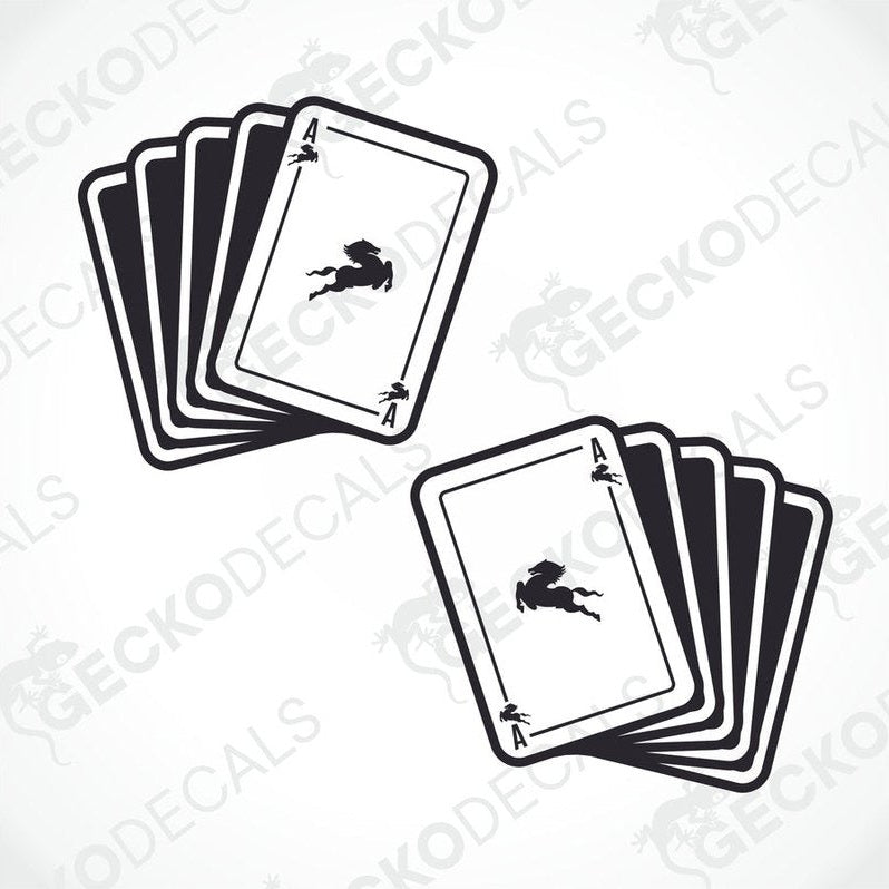 A set of two black and white die cut stickers with a geometric design resembling a deck of cards.
