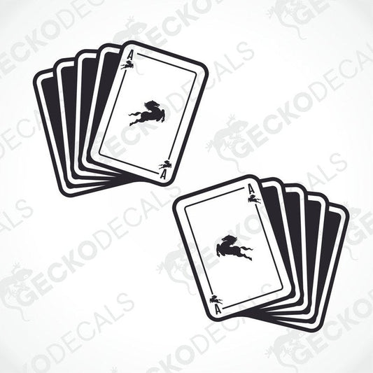 A set of two black and white die cut stickers with a geometric design resembling a deck of cards.