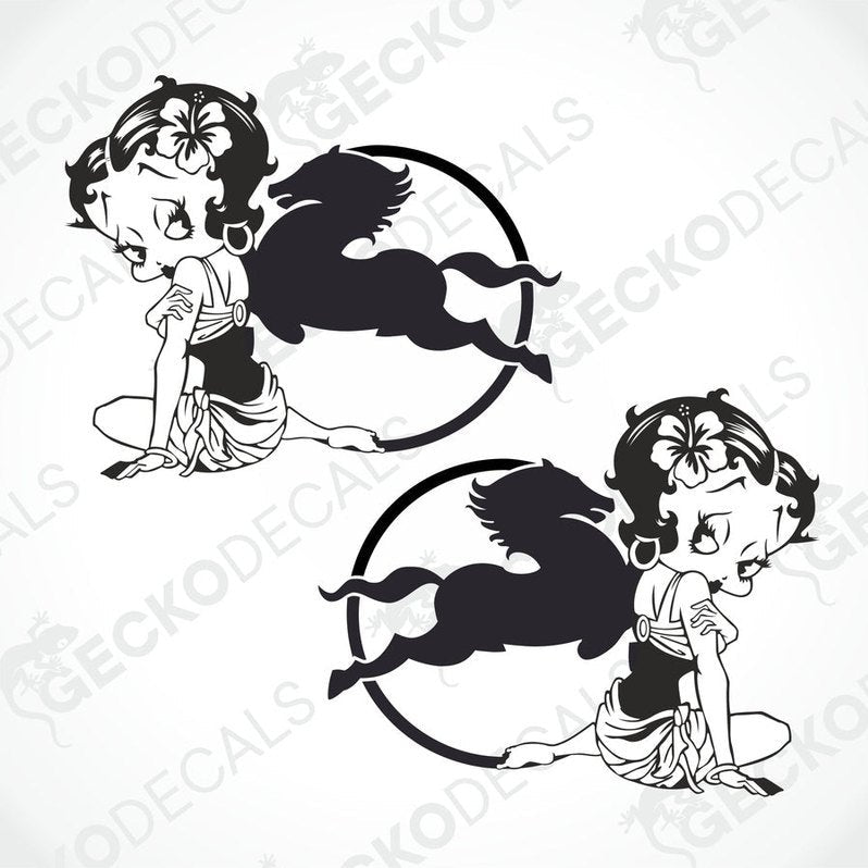 Two black and white stickers of a woman with a IVECO-like figure on each sticker, sitting side 