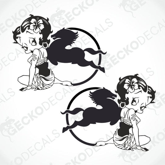 Two black and white stickers of a woman with a IVECO-like figure on each sticker, sitting side 
