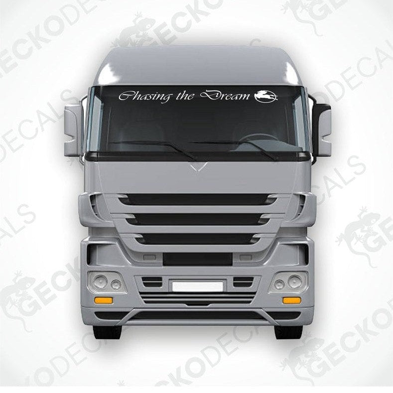 A graphic representation of a truck's front windscreen with a die cut sticker that reads 'Chasing the Dream'.