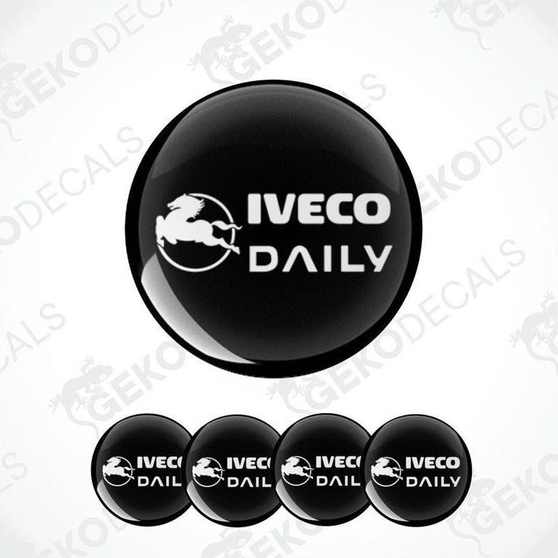 A set of four black vinyl stickers with the text 'IVECO DAILY' printed on them, arranged in a circular pattern with the GeckoDecals logo at the bottom.