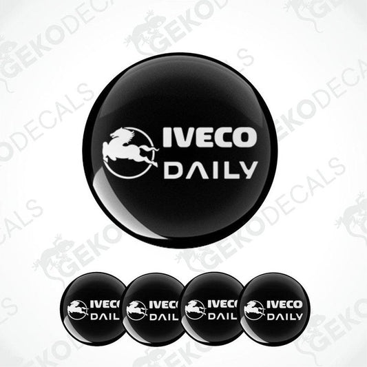 A set of four black vinyl stickers with the text 'IVECO DAILY' printed on them, arranged in a circular pattern with the GeckoDecals logo at the bottom.