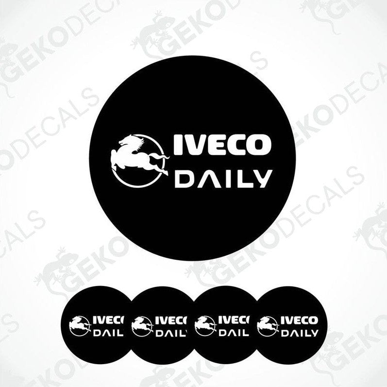 A set of four black vinyl stickers with the text 'IVECO DAILY' printed on them, arranged in a circular pattern with the GeckoDecals logo at the bottom.