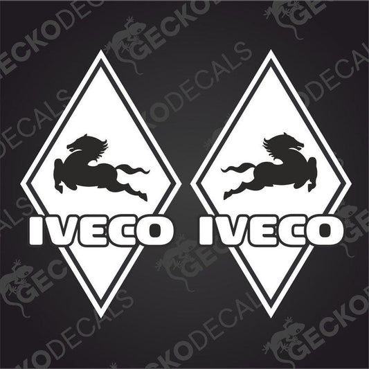 Two black decals with a white horse and the IVECO brand logo on a diamond-shaped background.
