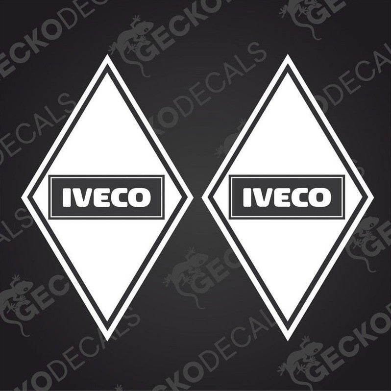 Two white diamond-shaped vehicle decals with the IVECO brand logo.