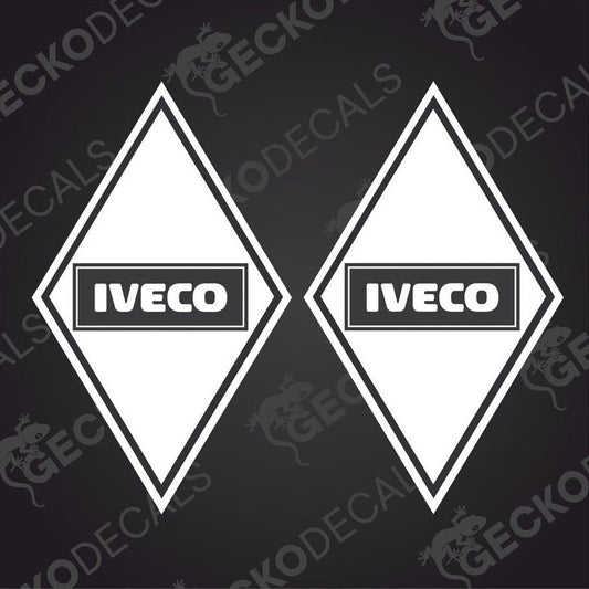 Two white diamond-shaped vehicle decals with the IVECO brand logo.