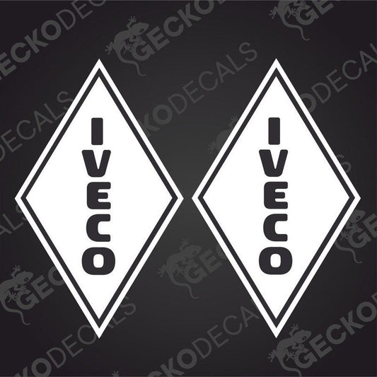 Two white diamond-shaped decals with the IVECO brand logo, designed for use on vehicles.