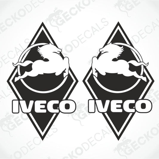 Two black decals with a white diamond and the word 'IVECO' in capital letters, displayed against a white background.