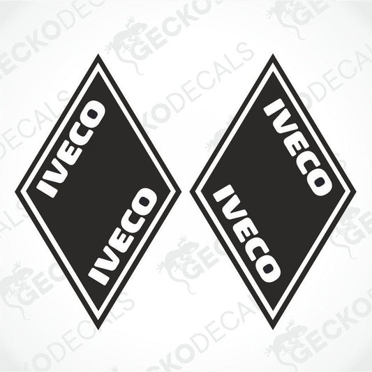 Two black decals with the word 'IVECO' in white, placed against a white background with a Gecko Decals logo.