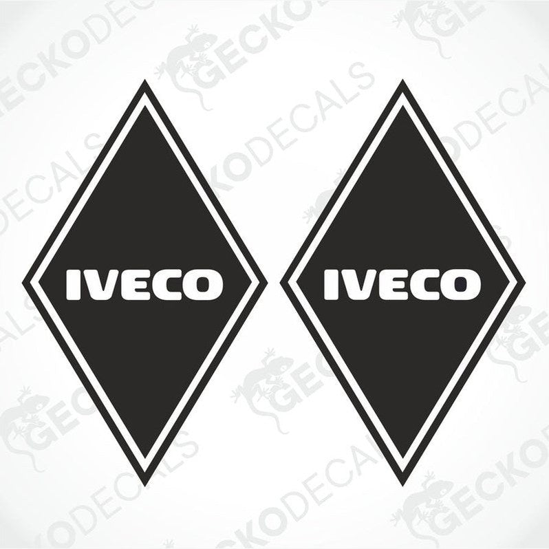 Two black and white geometric shaped stickers with the IVECO brand logo.
