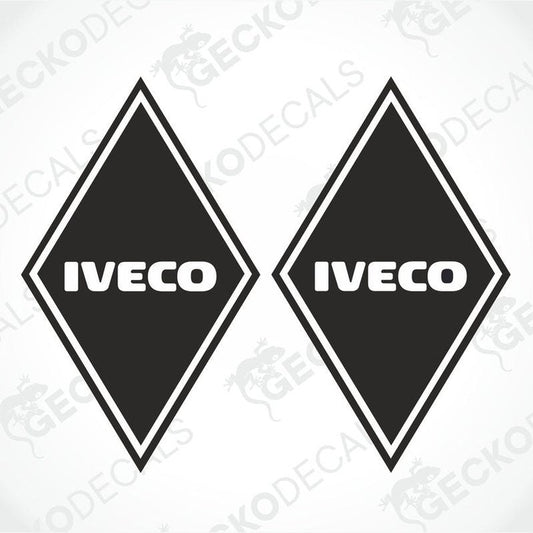 Two black and white geometric shaped stickers with the IVECO brand logo.