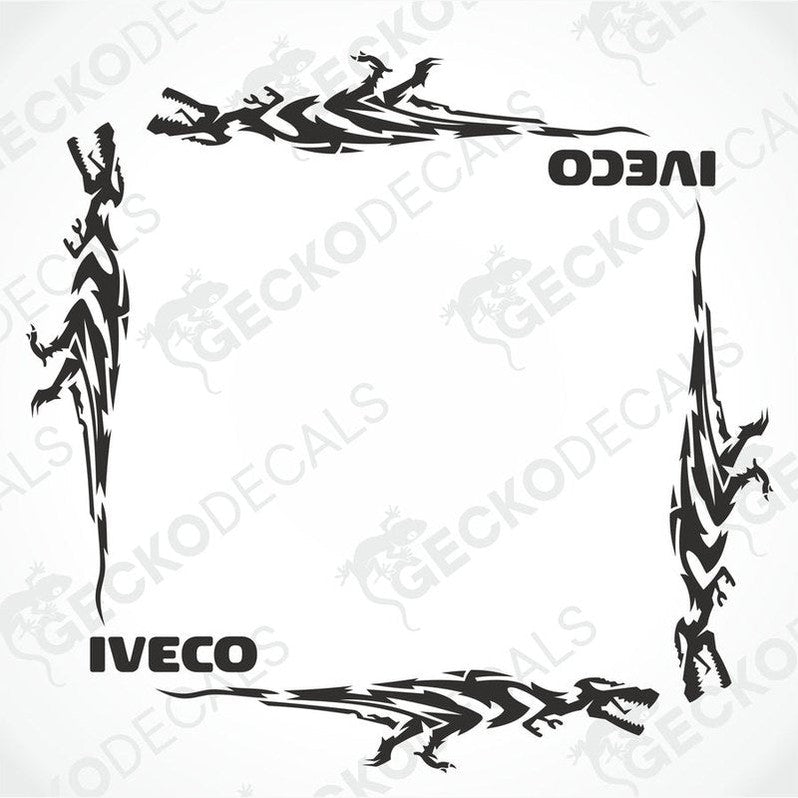 A set of black dinosaur-shaped decals with the brand name 'IVECO' on them, designed for use as vehicle side window decorations.