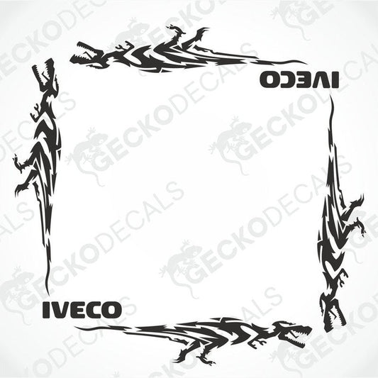 A set of black dinosaur-shaped decals with the brand name 'IVECO' on them, designed for use as vehicle side window decorations.