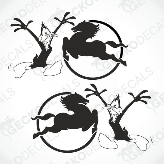 Set of two black and white decals featuring a stylized duck design, intended for use on vehicles or other surfaces.