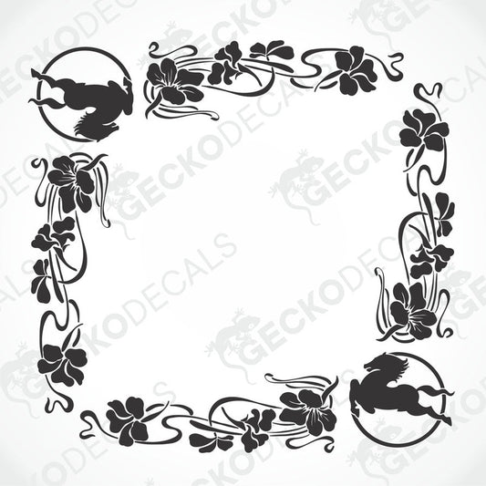 A black and white image of a die-cut floral side window decal for an IVECO truck. The design includes intricate floral patterns and decorative elements.