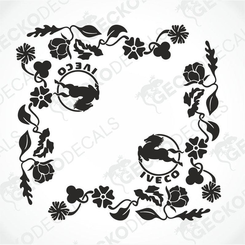 A die cut decal with a floral pattern and the IVECO logo, designed for use on side windows of trucks.